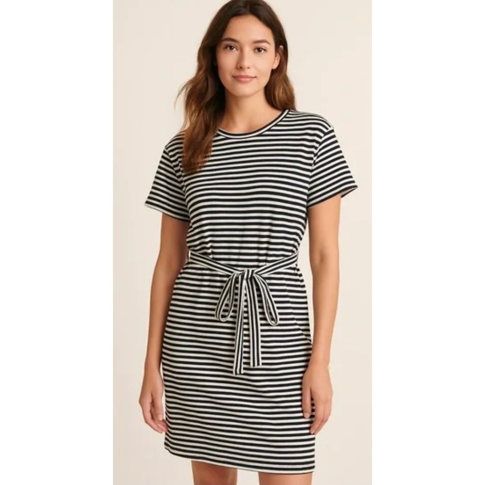 Lucky Brand Dress Womens XS Striped Tee Shirt Black White Tie Waist Cotton Mini